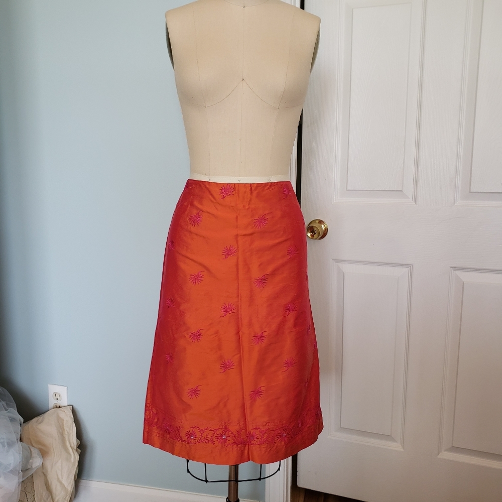 Irridescent Orange Pink Silk Skirt with Embroidered Accents, 14
